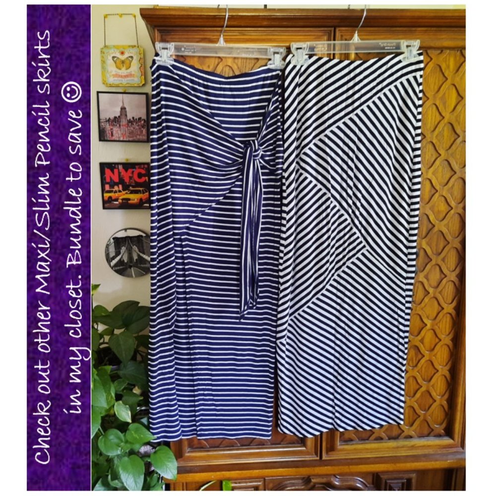 Micro-Striped Tie Wrap Maxi Skirt - Navy/White, Size S - Picture 14 of 16